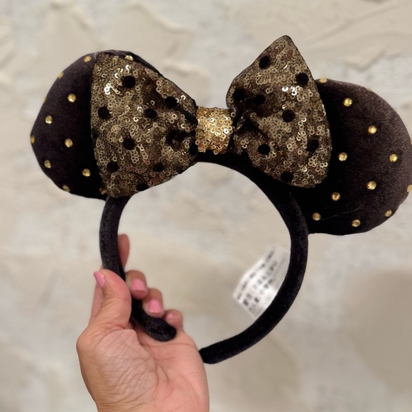 Disney Parks Black Jeweled Studded Gold Minnie Mouse Plush Ear Headband - Picture 3 of 7